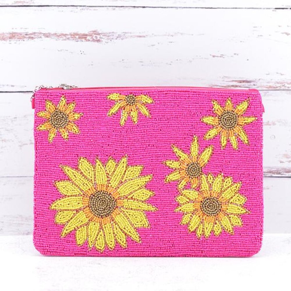 Seed Bead Sunflower Clutch Crossbody Handbag Bag NEW Pink